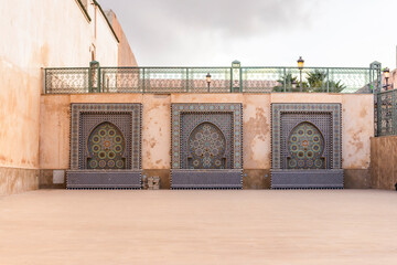 View of the Mausoleum of Moulay Ismail, an historical landmark in Meknes medina old town, Morocco.