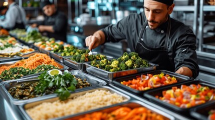 A buffet worker at a hotel with a halal kitchen buffet wearing protective gloves prepares a variety of salads and side dishes, placing the ingredients in large black containers. Concept: catering 