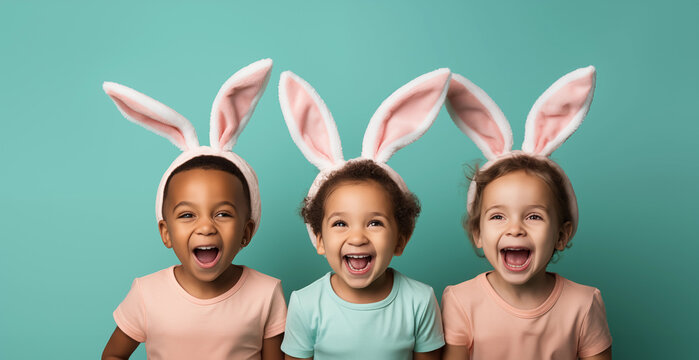 Portrait of three laughing children wearing bunny ears on green background