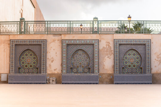 View of the Mausoleum of Moulay Ismail, an historical landmark in Meknes medina old town, Morocco.