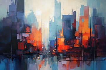 Naklejka premium A stunning painting capturing the essence of a cityscape with a mesmerizing blend of vibrant orange and serene blue hues, Abstracted cityscape at dusk using bold strokes, AI Generated