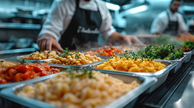 A buffet worker at a hotel with a halal kitchen buffet wearing protective gloves prepares a variety of salads and side dishes, placing the ingredients in large black containers. Concept: catering 