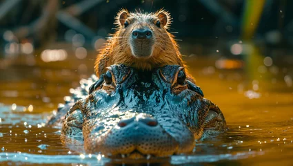 Fototapeten A crocodile is swimming in the river and a capybara is standing on the back of the crocodile © akarawit