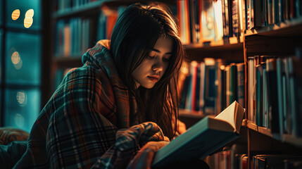 A girl with a cozy blanket reading a book in the corner of the library, enjoying silence and atmos - obrazy, fototapety, plakaty