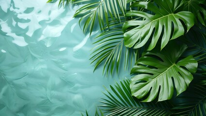 Top view of natural palm leaf on water surface