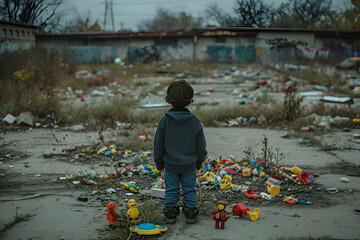 Abandoned child playing in the park alone nobody take care of him. Sad boy. 