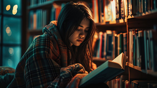 A girl with a cozy blanket reading a book in the corner of the library, enjoying silence and atmos