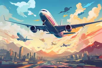 A stunning painting featuring an airplane soaring through the city, blending urban architecture with the beauty of flight, Airplanes symbolizing international business travel, AI Generated