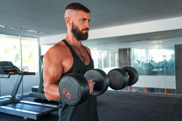 Caucasian man with a hairstyle and a beard trains his biceps with synchronized lifting of dumbbells.
