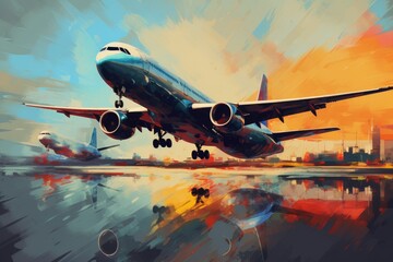 A vibrant painting capturing the thrilling moment of an airplane lifting off from a runway, Airplanes symbolizing international business travel, AI Generated