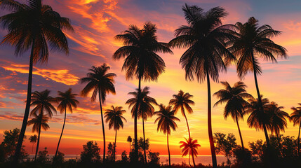 Fototapeta na wymiar Abstract forms of palm trees in the circuit against the background of the dawn sky, creating a mys