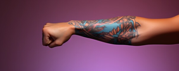 Women's day or women's history banner. A female arm with a tattoo and pink nails is flexing her...