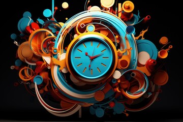 A vibrant blue clock stands out in the center, encircled by concentric rings of orange and blue, An abstract clock, with time flowing in vibrant colors, AI Generated