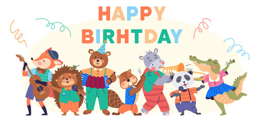 Obraz na płótnie Canvas Animal party vector illustration. The wildlife banquet is cheerful anniversary celebration creatures in forest Celebrate with happy beasts as meadow transforms into lively animal. Happy birthday
