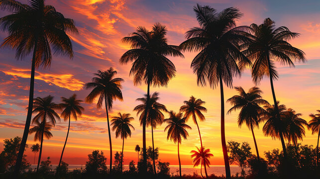 Abstract forms of palm trees in the circuit against the background of the dawn sky, creating a mys