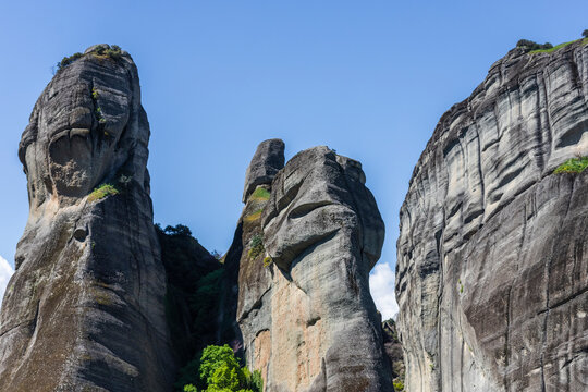 View of natural rounded pillars in Meteora, a unique rock formation in Trikala, Thessaly, Greece.