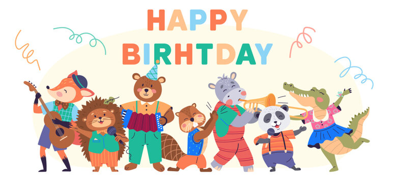 Animal party vector illustration. The wildlife banquet is cheerful anniversary celebration creatures in forest Celebrate with happy beasts as meadow transforms into lively animal. Happy birthday