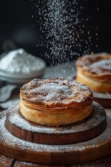Delicious apple pie sprinkled with powdered sugar on wooden board. Black background.
