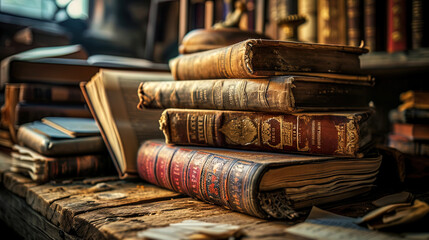 Ancient vintage books and scrolls with dust of time on an old wooden table, creating an atmosphere - obrazy, fototapety, plakaty