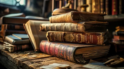 Foto op Plexiglas Ancient vintage books and scrolls with dust of time on an old wooden table, creating an atmosphere © JVLMediaUHD