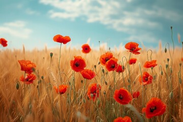 Vivid poppies bloom in golden field