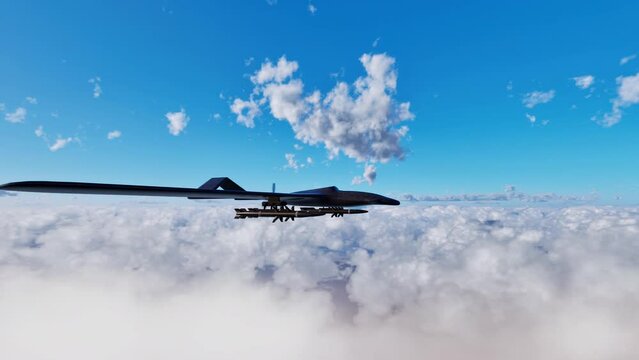 An unmanned military reconnaissance drone, armed with missiles, surveilling the ground below from the sky above.