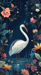 grungy noise texture art, white egret bird in flower blossom garden, whimsical fantasy fairytale contemporary creative illustration, 9:16 ratio vertical, Generative Ai