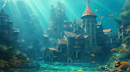 An underwater town of colored carats serving as a refuge for various types of marine life - obrazy, fototapety, plakaty