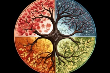 An image showcasing the four distinct sections of a tree, each adorned with a vibrant color, An abstract representation of the four seasons in a circular pattern, AI Generated