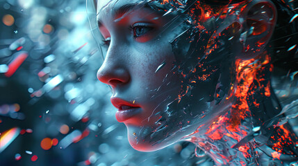 A futuristic portrait with Mijorni elements interacting with a face, creating an incredible look - obrazy, fototapety, plakaty