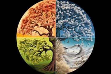 A vibrant tree divided into four distinct sections, each displaying a different color, An abstract representation of the four seasons in a circular pattern, AI Generated