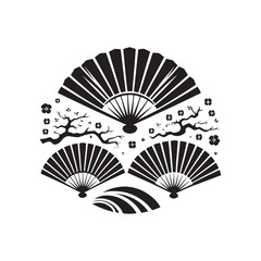 Ethereal Connection Reimagined: Enchanting Chinese Fans Silhouette Series Crafted for Stock Collections - Chinese New Year Silhouette - Chinese Fans Vector Stock
