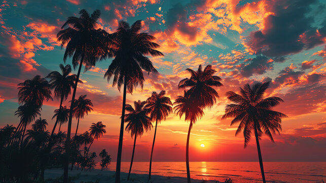 A idyllic sunset with palm trees, where fiery shades go into the soft twilight of a tropical eveni