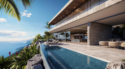 Obraz premium A luxurious mansion towering above the coastline, with an extensive terrace and infinity pool