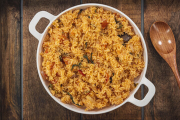 South Indian Breakfast Bliss: Vibrant Tomato Rice Bursting with Flavor. perfectly cooked rice is infused with a delightful blend of tomatoes, aromatic spices, and South Indian flavors