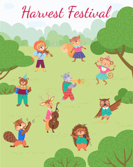 Obraz na płótnie Canvas Animal party vector illustration. Creatures gather for festive animal party, turning meadow into entertainment haven The birthday party in woods is cheerful celebration. Harvest festival