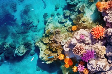 Naklejka na ściany i meble Aerial View of Colorful Coral Reef Teeming With Marine Life, An aerial view of a vibrant coral reef, AI Generated