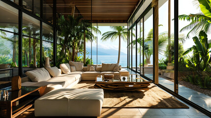 Fototapeta premium A luxurious villa, surrounded by a tropical garden, with panoramic windows, looking at the coastli
