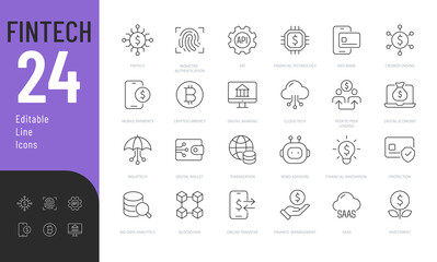 Fintech Line Editable Icons set. Vector illustration in modern thin line style of financial technology related icons: mining, e-wallets, cryptocurrency, and more. Isolated on white.