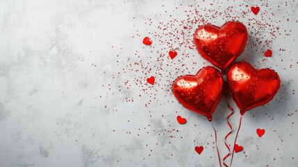 Generative AI, Foil red balloons in heart shape and confetti for Valentine's day or wedding with copy space