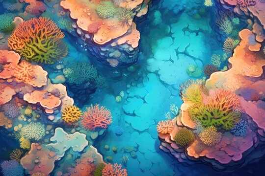 An artwork capturing the vibrant beauty of corals and sponges in their underwater habitat, An aerial view of a vibrant coral reef, AI Generated © Iftikhar alam