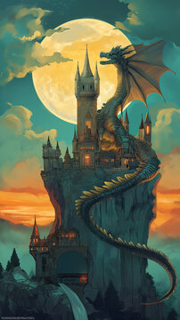 grungy noise texture art, a magic dragon invade castle on mountain peak at full moon night , whimsical fantasy fairytale contemporary creative illustration, 9:16 ratio vertical, Generative Ai
