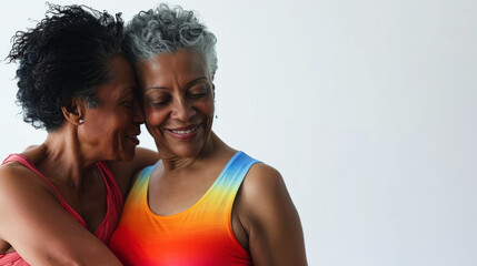 Happy older lesbian women hugging. Colorful T-shirts. Light background. Pride concept. Generative AI