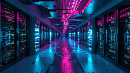 A photograph of a room with high tech servers lit by neon lights creating a futuristic atmosphere