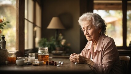 Old women taking her medicines near a table - feels bored for the women, illness of old people