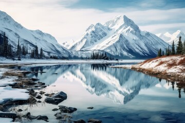 Fototapeta na wymiar A captivating painting showcasing a snowy mountain range with a serene lake in the foreground, An Alaskan landscape with snow-covered mountains and a tranquil lake, AI Generated