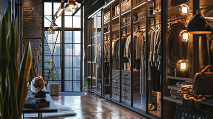 A photograph of a wardrobe in the style of loft with metal hangers and industrial decor elements