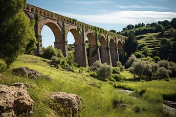 Fototapeta na wymiar This stunning image captures the beauty of a large stone bridge stretching over a lush green field, An ancient aqueduct in a lush landscape, AI Generated
