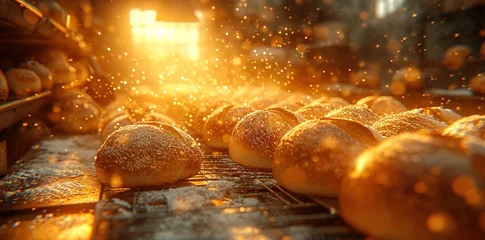 Photo sur Aluminium Pain baking machine and rack of breads, dreamlike quality, dark orange and silver, emphasis on mood and atmosphere, weathercore, clear edge definition