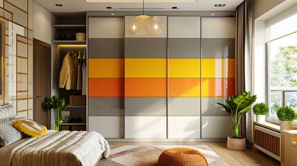 A photograph of a wardrobe using accent walls in bright colors that give it cheerfulness